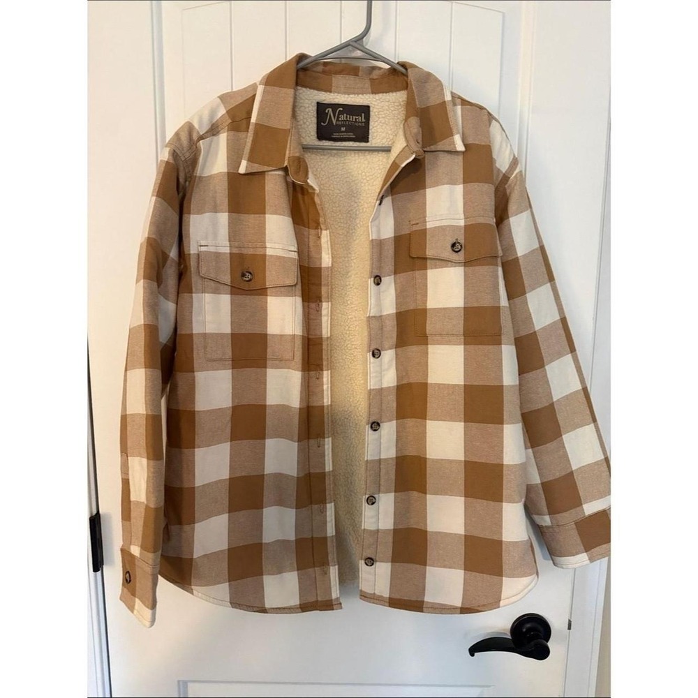 Natural Reflections brown and cream plaid Shacket with sherpa lining Medium